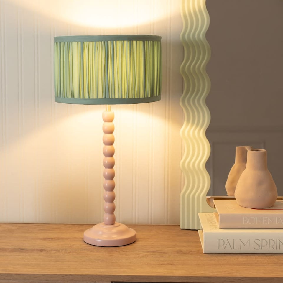 image 1 of ValueLights Bobbins Rose Table Lamp Ruched Pleat Green Shade