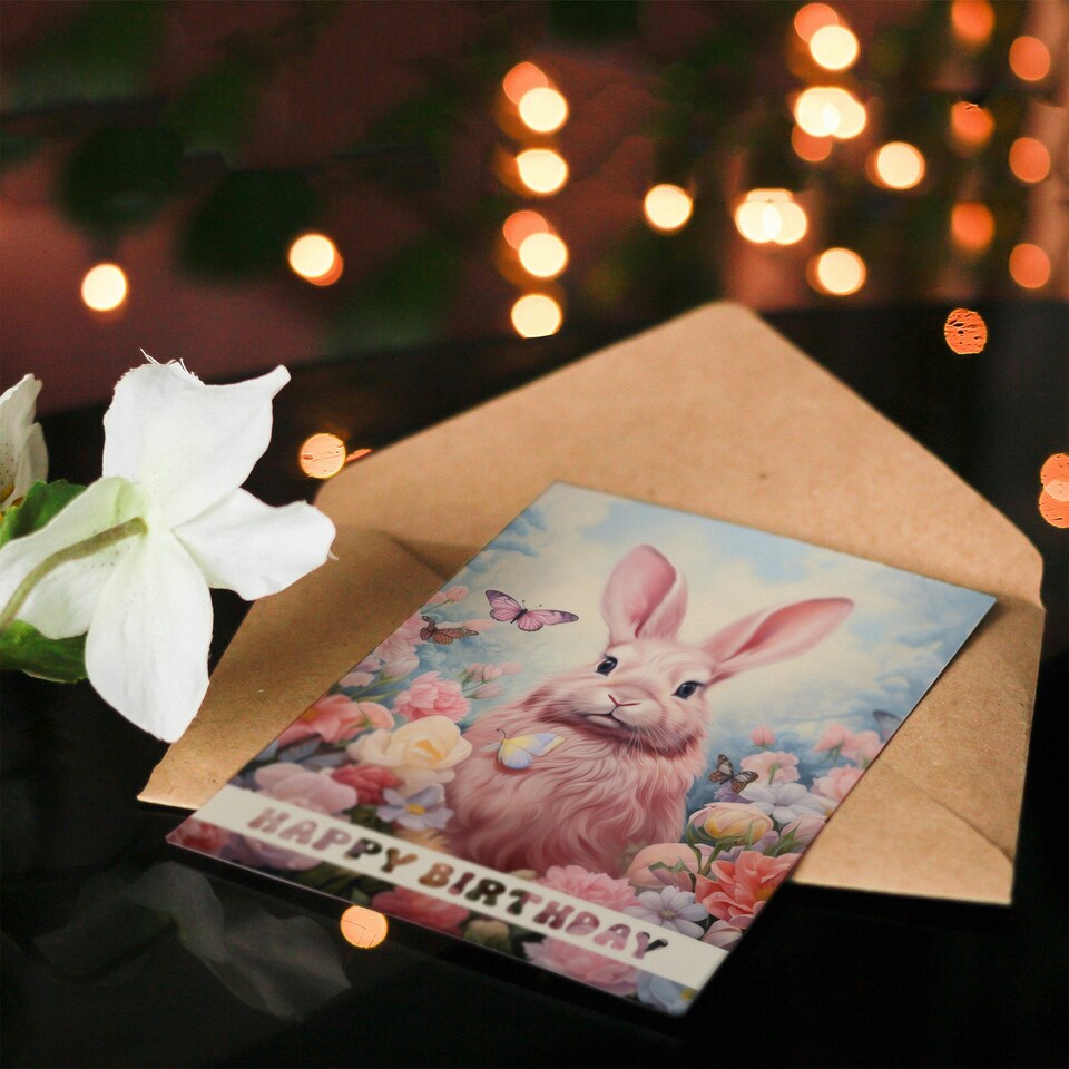 image 1 of Pink Bunny Rabbit Butterfly Flowers For Her Birthday Card