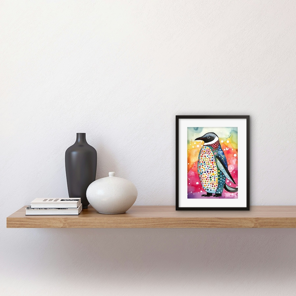 image 1 of Cute Colourful Spotted Penguin Animal Folk Art 9x7" Black Framed Wall Art Print