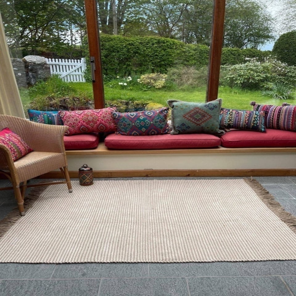 image 1 of Colva Rug Yarn in Natural Beige Ivory Stripes - Cotton - L90 x W150 Brown