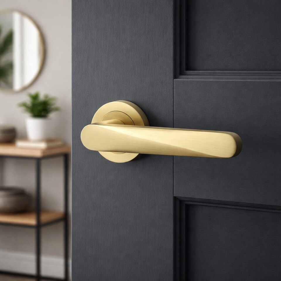image 1 of AXS Detroit Door Handles on Rose - Door Pack - Latch Door - Satin Brass