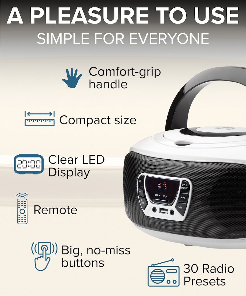image 1 of Grouptronics Small Portable CD Player For Home With Speakers – Boombox Mains Or Battery Powered, FM Radio, Supports MP3 Audio Books - GTCDR-501