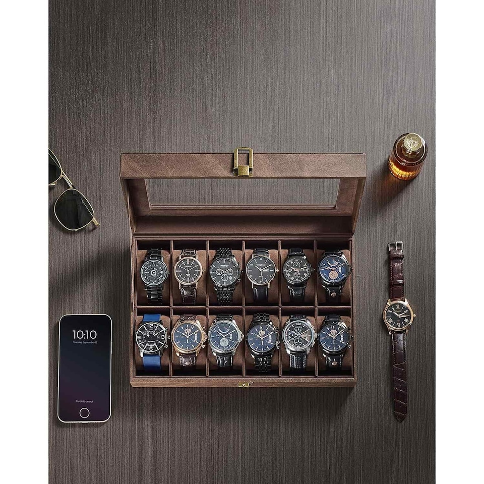 image 1 of 12 Slot Watch Storage Box with Glass Lid, Display Case with Removable Watch Pillows, Coffee Brown Synthetic Leather