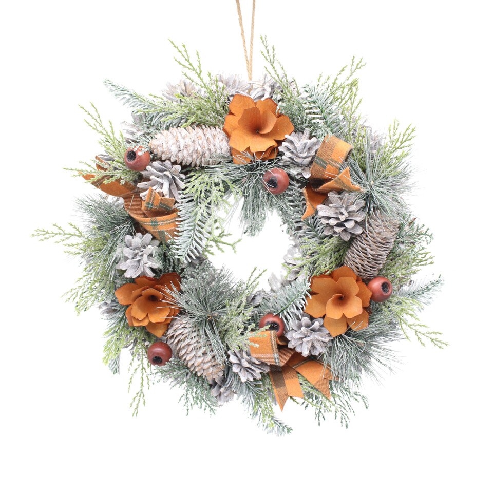 image 1 of Christmas Wreath Festive Decoration with Jute Hanger Traditional Pinecone Decor | Multi | Orange & White | 25cm | 1