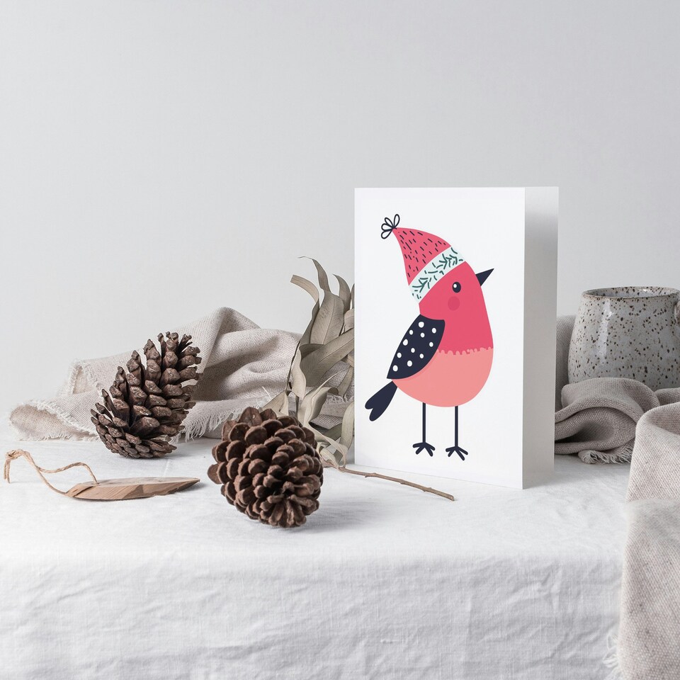 image 1 of Robin Bird With Winter Hat Pink Blue Modern Blank For Him Or Her Art Christmas Card