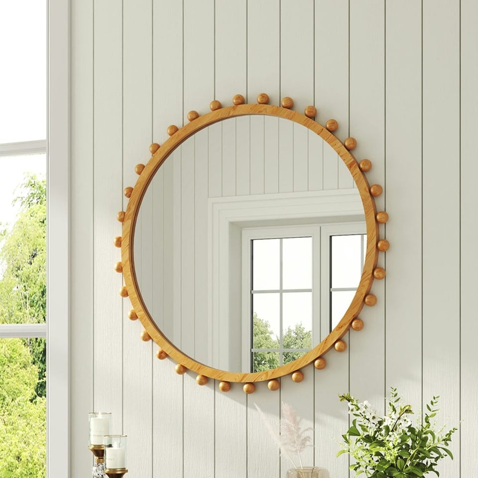 image 1 of Living and Home Pine Wood American Transitional Style Decorative Wall Mounted Mirror | Brown