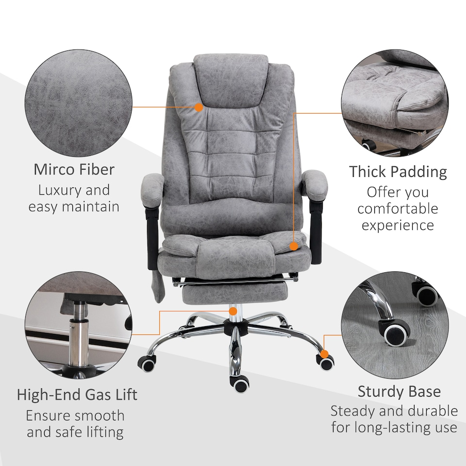 image 1 of Vinsetto Office Chair with 6 Point Massage and Back Heat, Microfiber Desk Chair with Footrest Adjustable Height and Swivel Wheels, Back Reclining, Grey