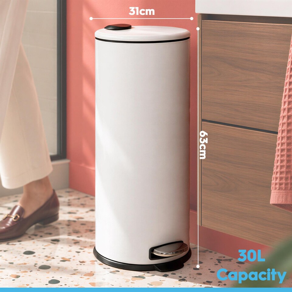 image 1 of Harbour Housewares 30L Stainless Steel Kitchen Pedal Bin with Lid Chrome Foot Pedal Removable Inner Bucket Slim Tall 31x36x63cm
