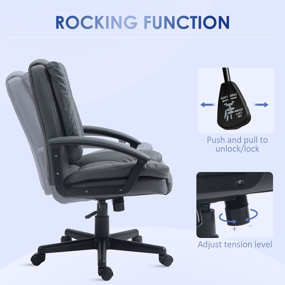 image 1 of HOMCOM Desk Chair, PU Leather Office Chair with Adjustable Height and Swivel Wheels, for Home Work Study, Dark Grey