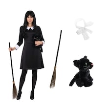 Witch Costume - 4 Pcs - Collared Dress, Broom, Cat Toy & Hair Bow | Black | S