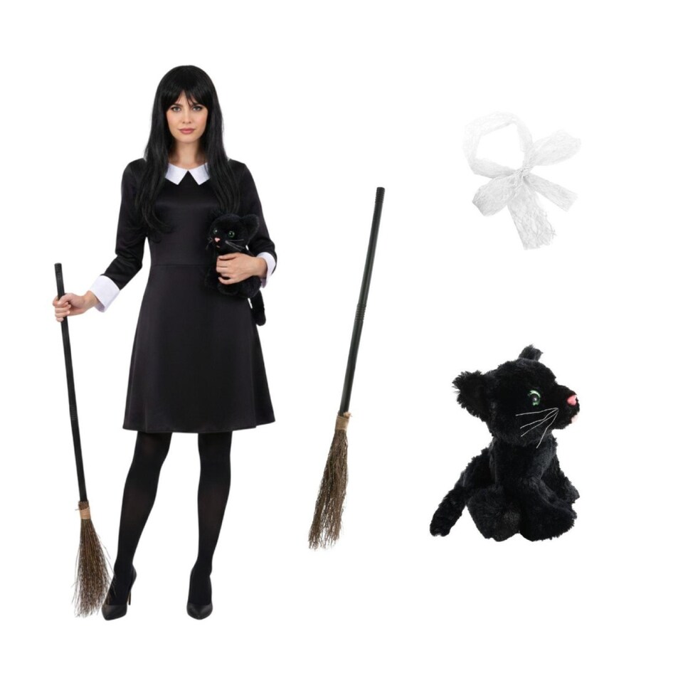 image 1 of Witch Costume - 4 Pcs - Collared Dress, Broom, Cat Toy & Hair Bow | Black | S