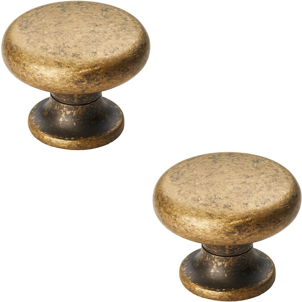 Loops 2x Flat Faced Round Door Knob 34mm Diameter Antique Brass Small Cabinet Handle in Metallics