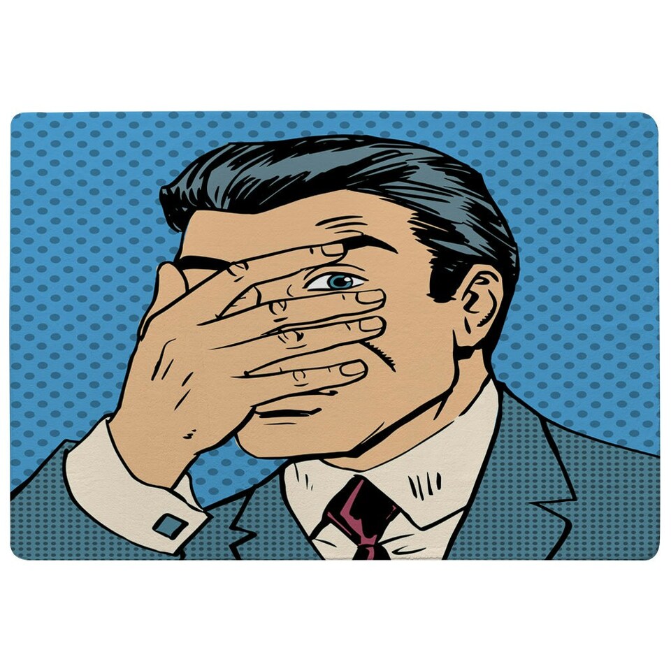 image 1 of The confused man hide and seek game pop art comics retro style Halftone (Rug) Blue | XL