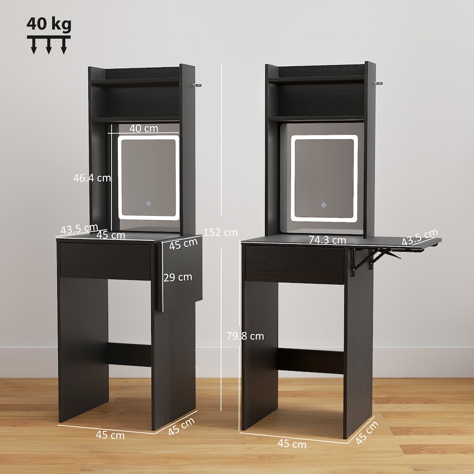 image 1 of HOMCOM Compact Dressing Table with Lighted Mirror Open Shelves Drawer | Black