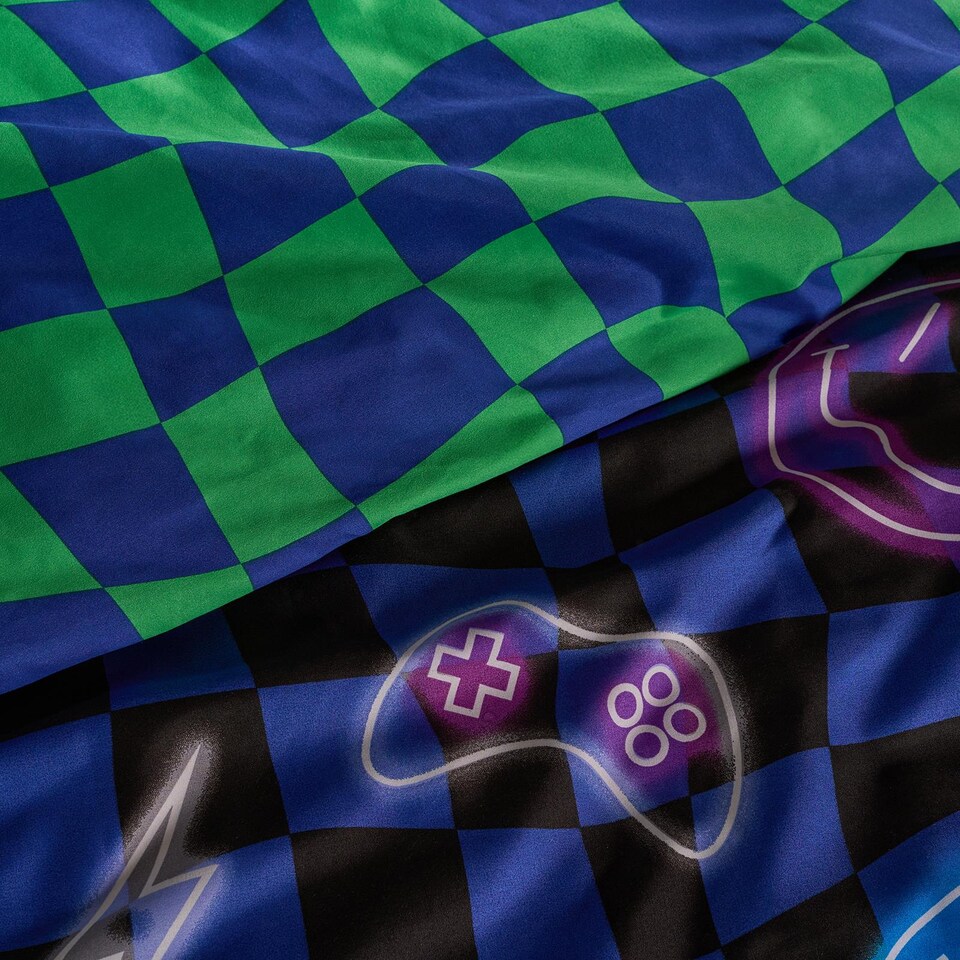 image 1 of OHS Kids Neon Checkerboard Bedding Set Duvet Cover with Pillowcase | Blue | Blue | Single