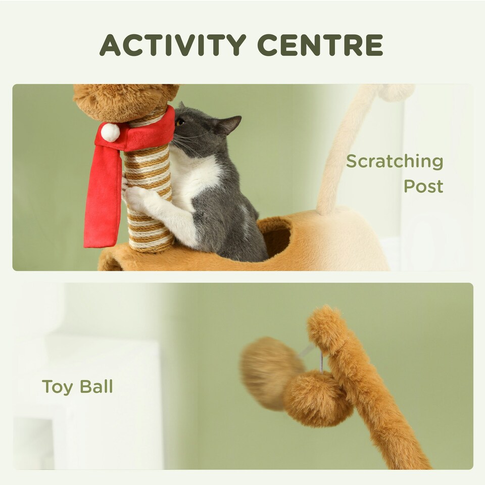 image 1 of PawHut Cat Tree 98cm Deer-Designed Scratching Post with Ball Tunnel, Brown