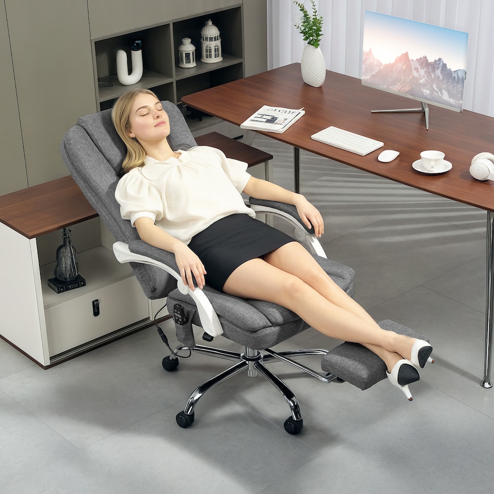 image 1 of HOMCOM Office Chair with 6-point Massage and Heat, Fabric Computer Desk Chair with Reclining Backrest, High Back, Height Adjustable, Swivel Wheels, Footrest, Remote, for Home, Grey