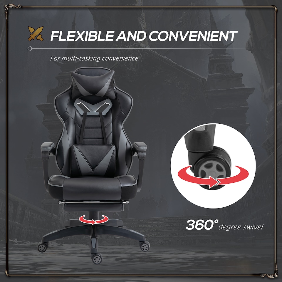 image 1 of Vinsetto Computer Gaming Chair, Racing Desk Chair with Lumbar Support and Footrest, PU Leather Gamer Chair with Headrest and Swivel Wheels for Home, Grey