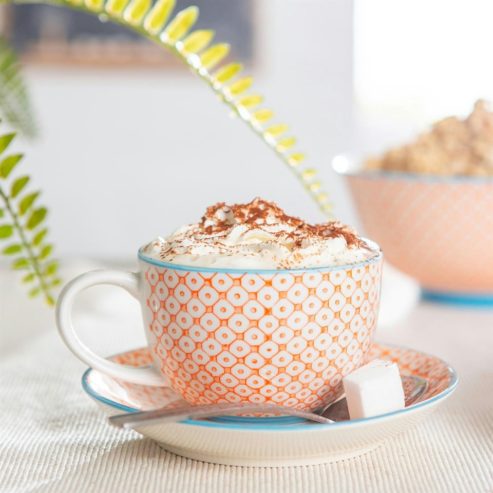image 1 of Nicola Spring 12 Piece Hand-Printed Cappuccino Cup & Saucer Set - 250ml - Orange