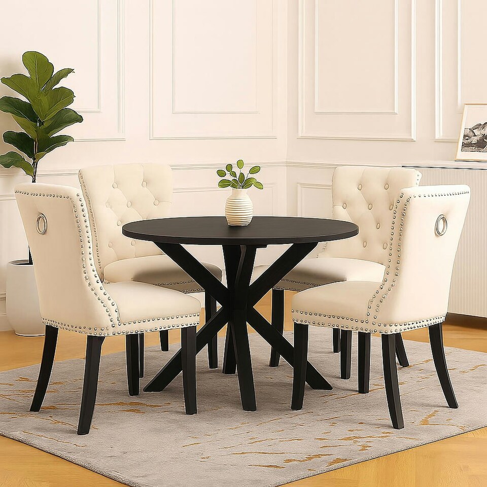 image 1 of Natural Set of Four Studded Velvet Dining Chair with Ring Knocker Detail Cream | Natural