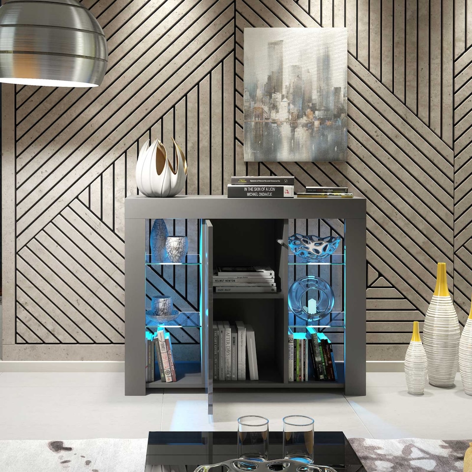 image 1 of Display Cabinet Bookcase Sideboard Storage Cabinet Cupboard Grey High Gloss LED 97.5cm