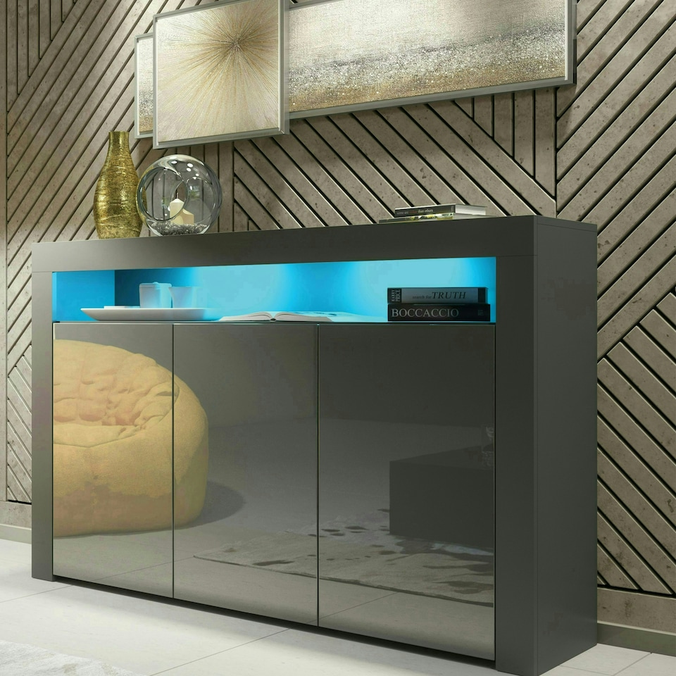 image 1 of Sideboard 155cm Grey Gloss Doors Grey Matt Body Free LED Display Unit Grey