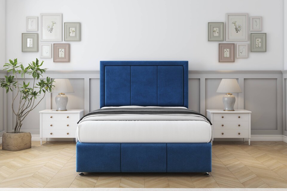 image 1 of Sloomy Lancaster Navy Plush Divan Bed Base 4 Drawers With 54 Inch Floor Standing Headboard & 12 Inch Matching Footboard | Blue | Navy | Super King | 1