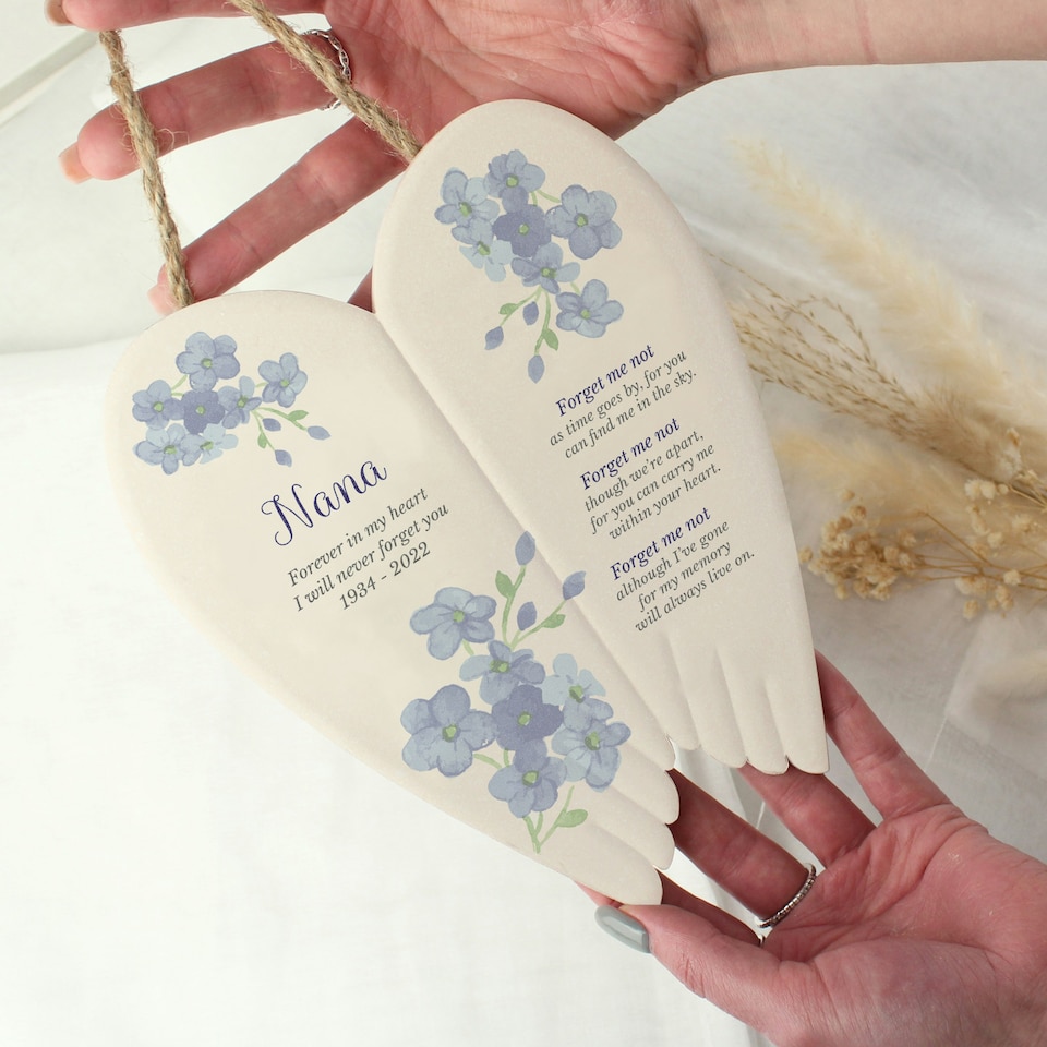 image 1 of Personalised Forget Me Not Memorial Ceramic Wings