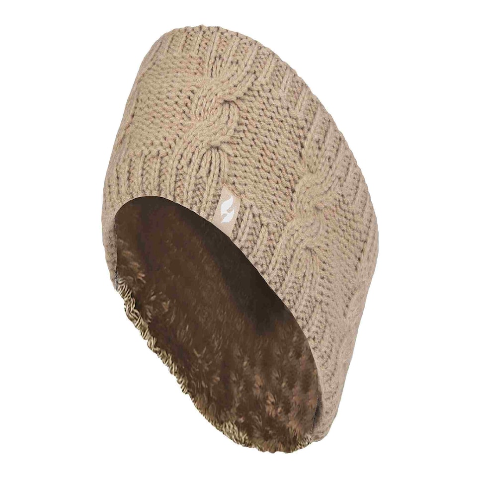 image 1 of Ladies Cable Knitted Fleece Lined Thermal Winter Ear Warmer Headband | Brown | Beige | One Size | 1