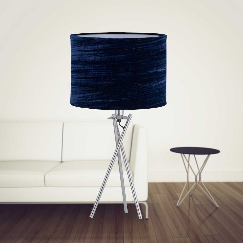image 1 of Set of 2 Chrome Tripod Table Lamps with Navy Blue Velvet Shades | Chrome | Polished chrome plate and navy velvet | 2