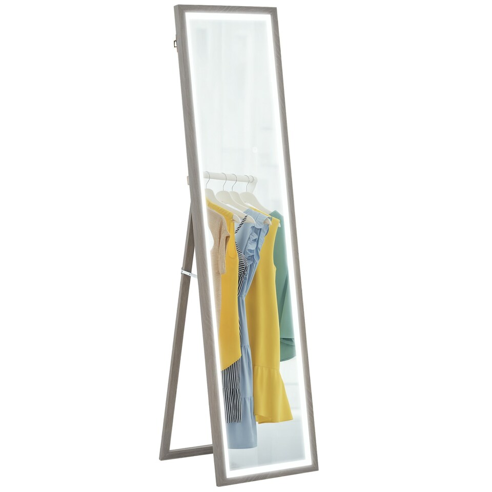 image 1 of HOMCOM Dimming Full Length Mirror w/ Lights Standing Leaning Wall Mount Grey