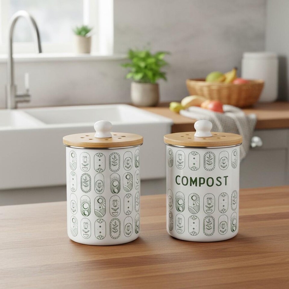 image 1 of Boho Minimalism Compost Caddy - Metal 2L Decorative Kitchen Food Waste Bin