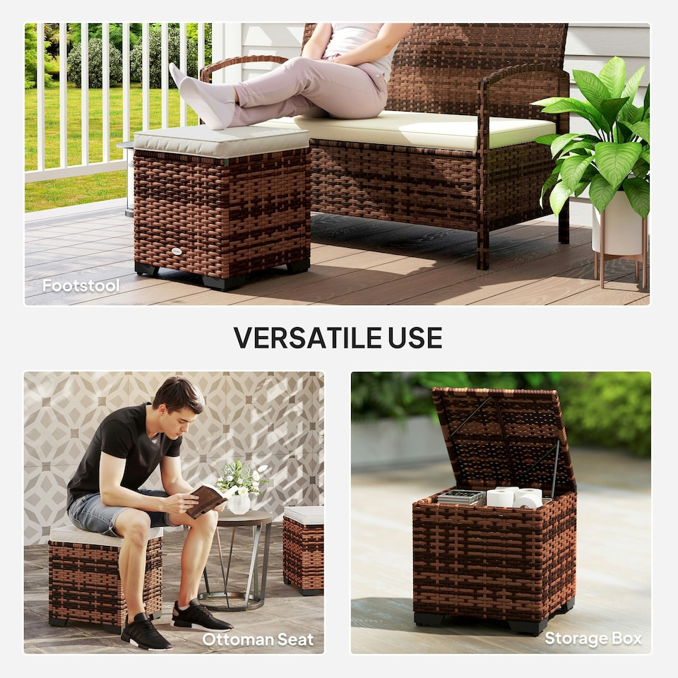 image 1 of Outsunny Set of 2 Rattan Footstool, Storage Ottoman w/ Cushions, Beige Cream