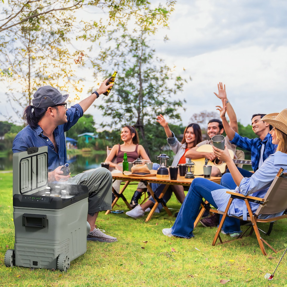 image 1 of Outsunny 45L Camping Fridge Freezer Dual Zone, Portable Car Fridge 12V/24V DC & 100-240V AC, Electric Cool Box -20℃-20℃ with Wheels and LED Light, for Travel, RV, Road Trip, Picnic (Energy Class E)