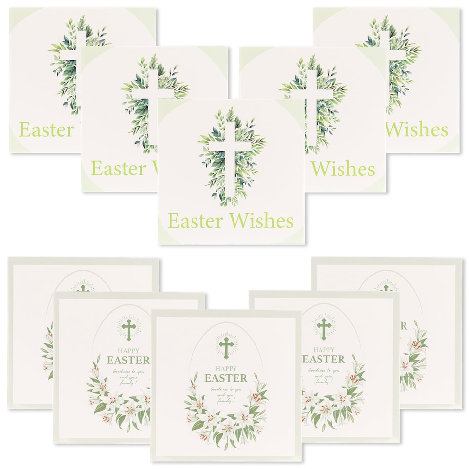 image 1 of Happy Easter Cards Pack of 10 with Envelopes - 14x14cm Square Seasonal Greeting Cards Blank Inside - Religious & Cheerful UK Designed Themes (Lilies) | Multi | Multi