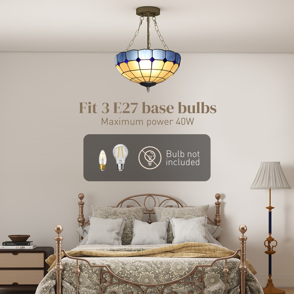 image 1 of HOMCOM 40 cm Tiffany Style Ceiling Light, Vintage Stained Glass Chandelier with 3 E27 Sockets, Semi Flush Mount Pendant Light for Living Room, Bedroom, Hallway, Bulbs Not Included, Blue and White | Blue