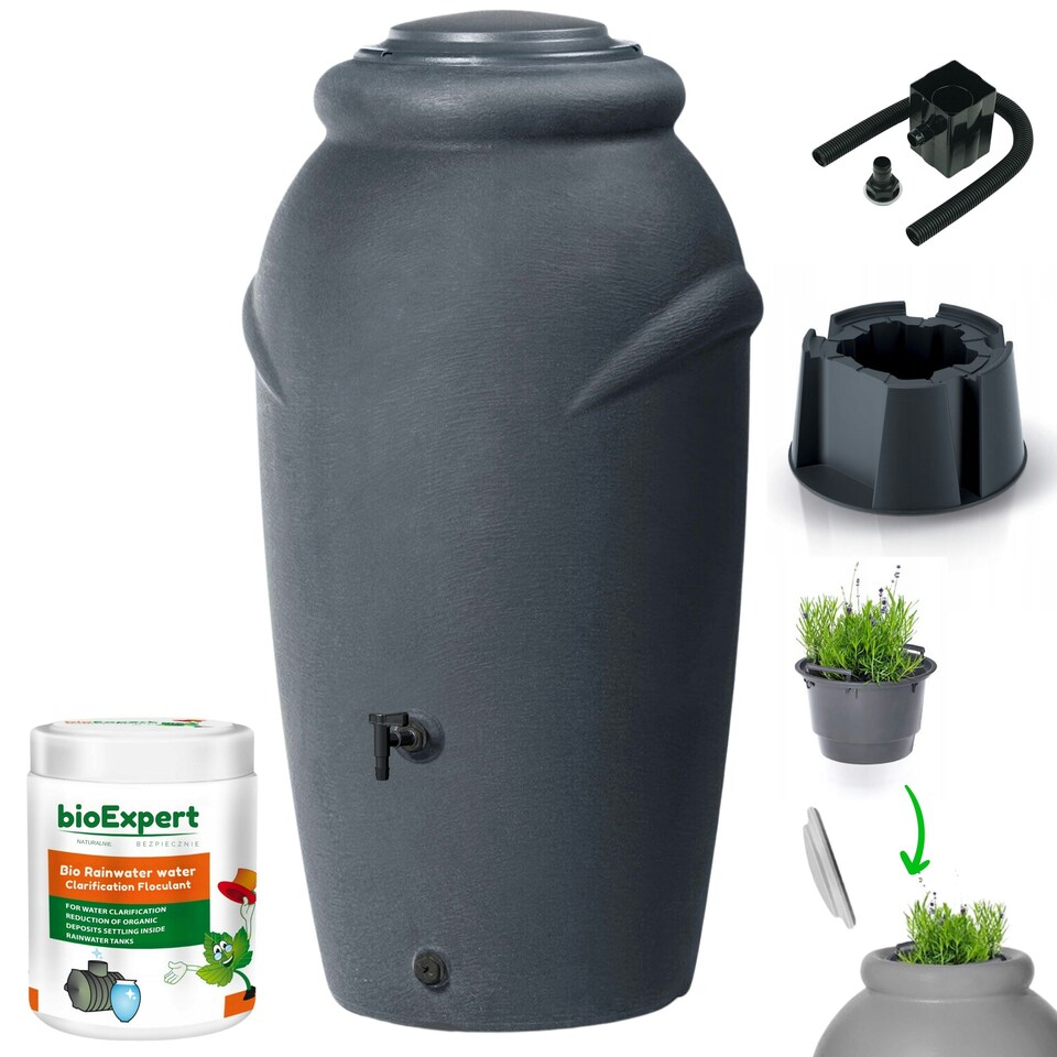 image 1 of Water Butt Kit with Tap, Diverter & Bio Cleaner –  Rainwater Collector for Garden, Balcony & Terrace – Durable Plastic Water Storage Tank Black