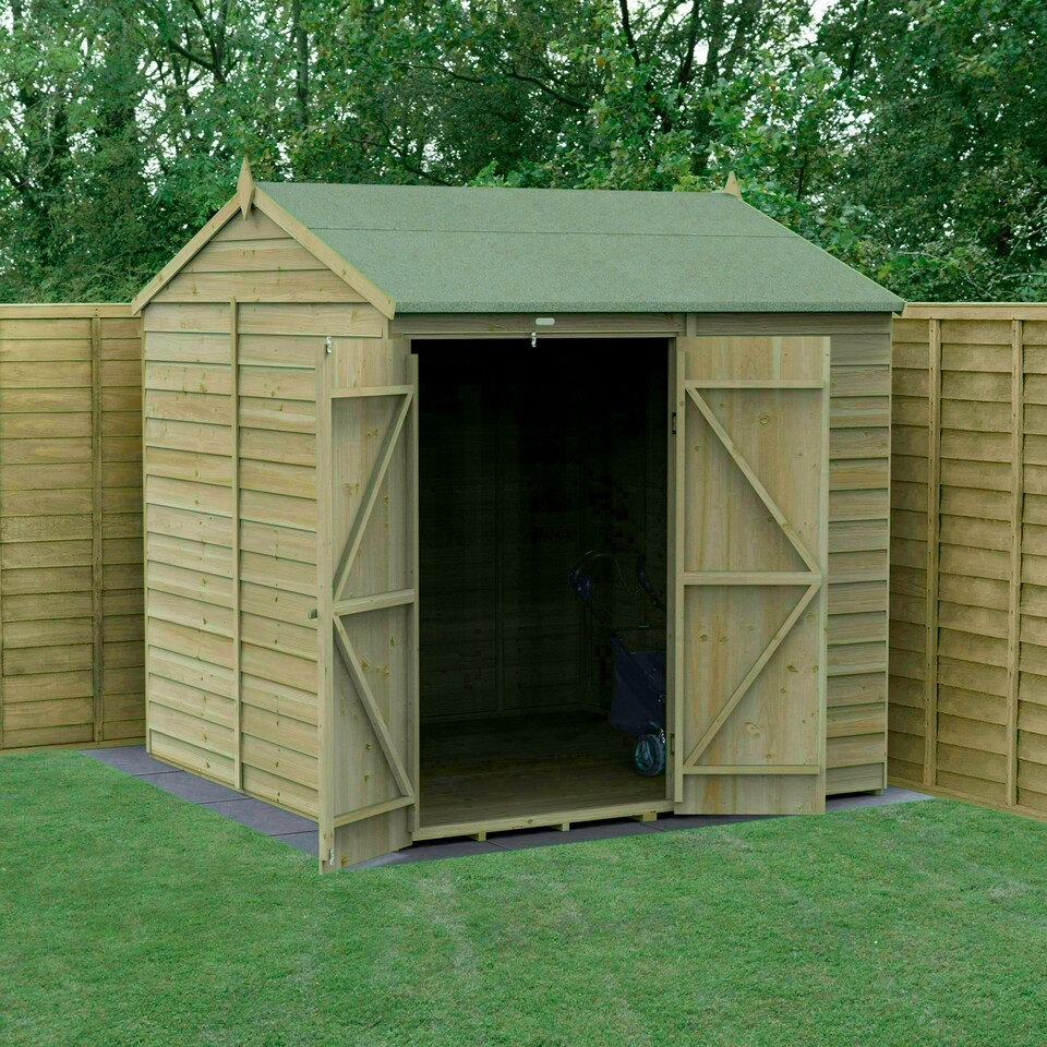 image 1 of Forest Garden 7x7 4LIFE Reverse Apex Shed 25yr Guarantee Overlap Pressure Treated - Double Door - No Windows Brown