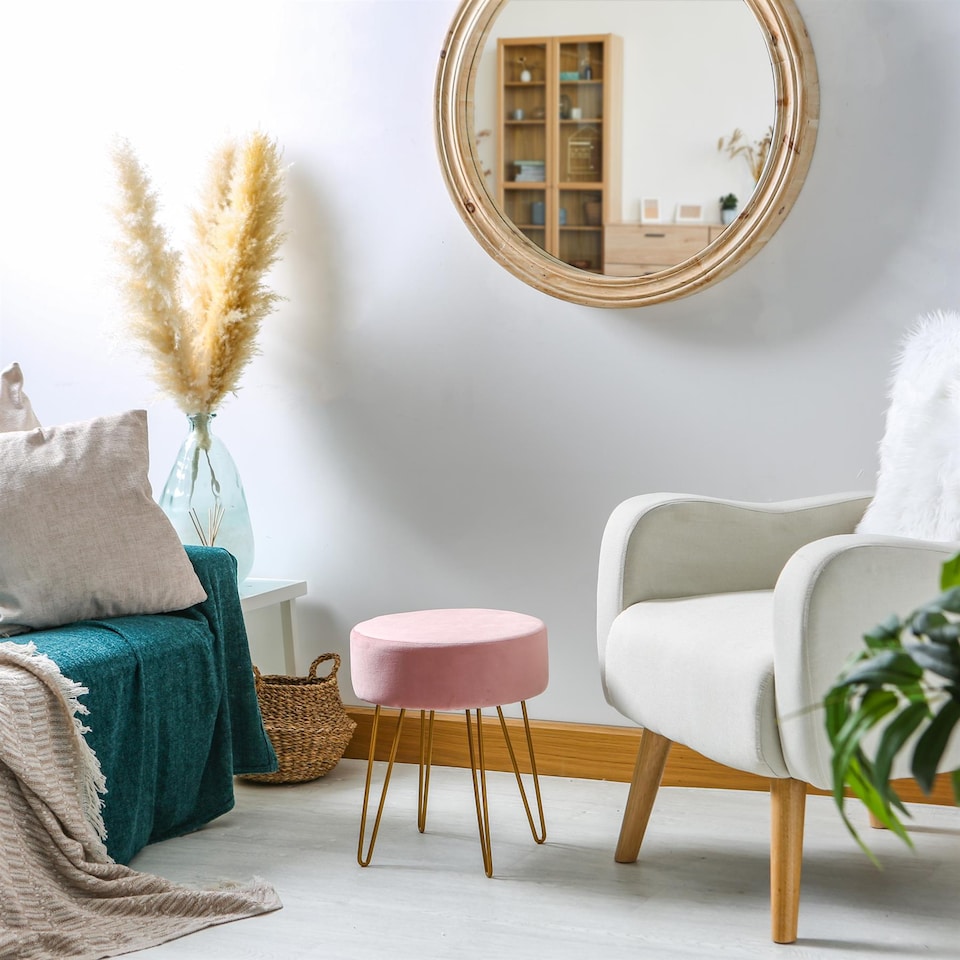 image 1 of Harbour Housewares Round Velvet Footstool - 35 x 40cm - Pink | Pink | Pink/Gold