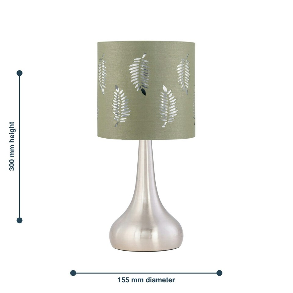 image 1 of Romana - Brushed Chrome Touch Table Lamp with Sage Green Fern Shade Silver | Green
