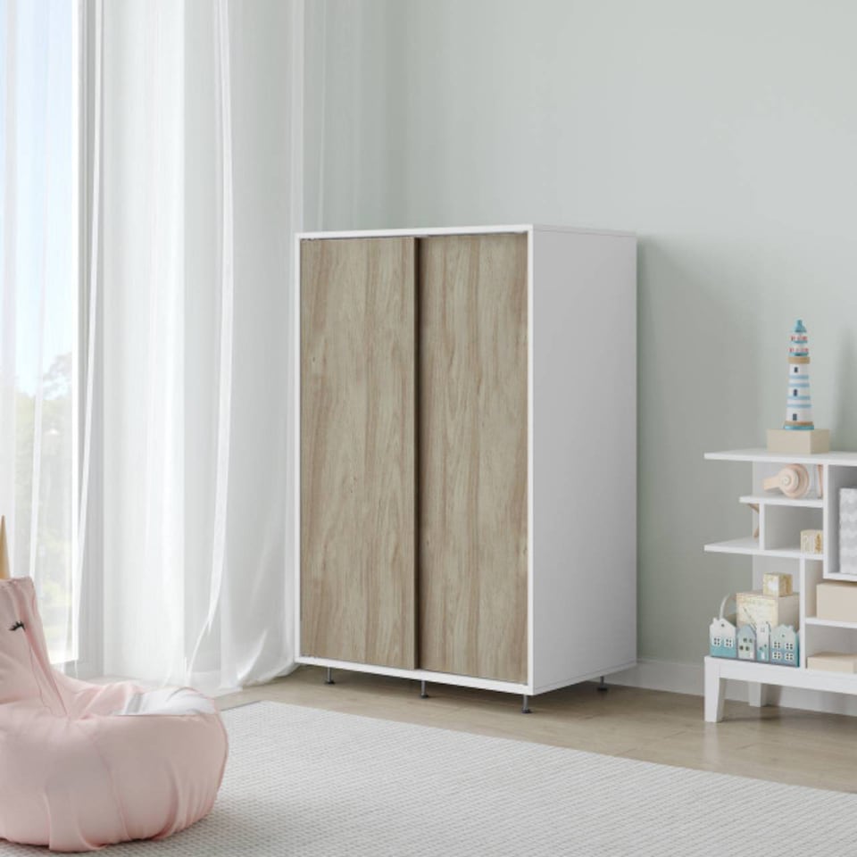 image 1 of URBNLIVING 2 Sliding Door Wardrobe 120cm Freestanding Unit | Multi | White Carcass + Oak Doors | 1