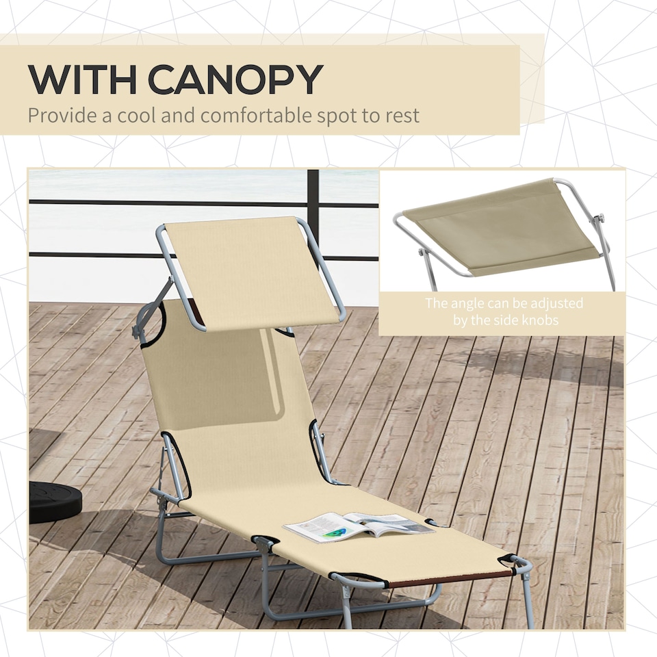 image 1 of Outsunny Outdoor Foldable Sun Lounger, 4 Level Adjustable Backrest Reclining Sun Lounger Chair with Angle Adjust Sun Shade Awning for Beach, Garden, Patio, Beige