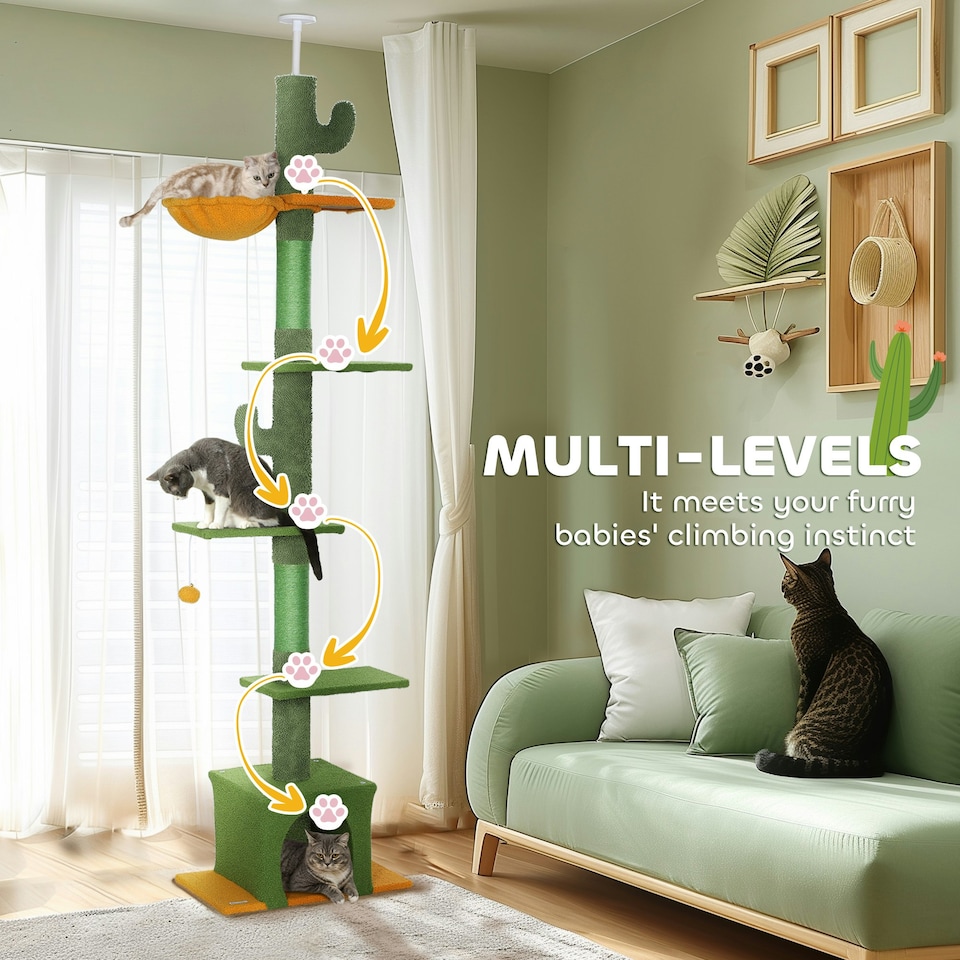 image 1 of PawHut 6-Level Floor to Ceiling Cat Tree, 230-275cm Height, Green