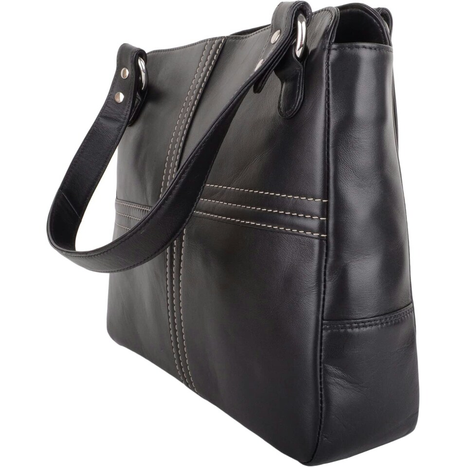 image 1 of Large Genuine Soft Leather Shoulder Contrast Stitch Handbag Black | Black