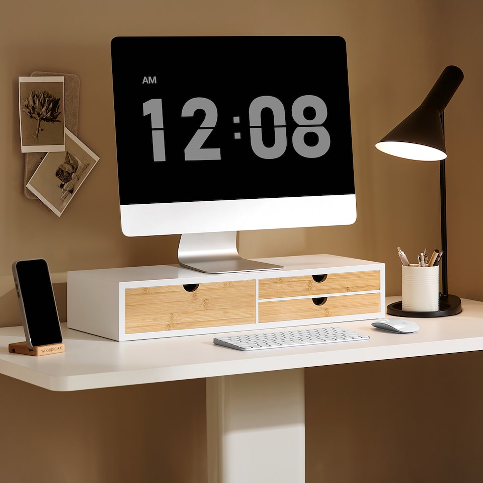 image 1 of SoBuy Monitor Stand with 3 Bamboo Drawers, White, 23.6x8.7x4.3 inches, 4.65 kg - BBF11-WN