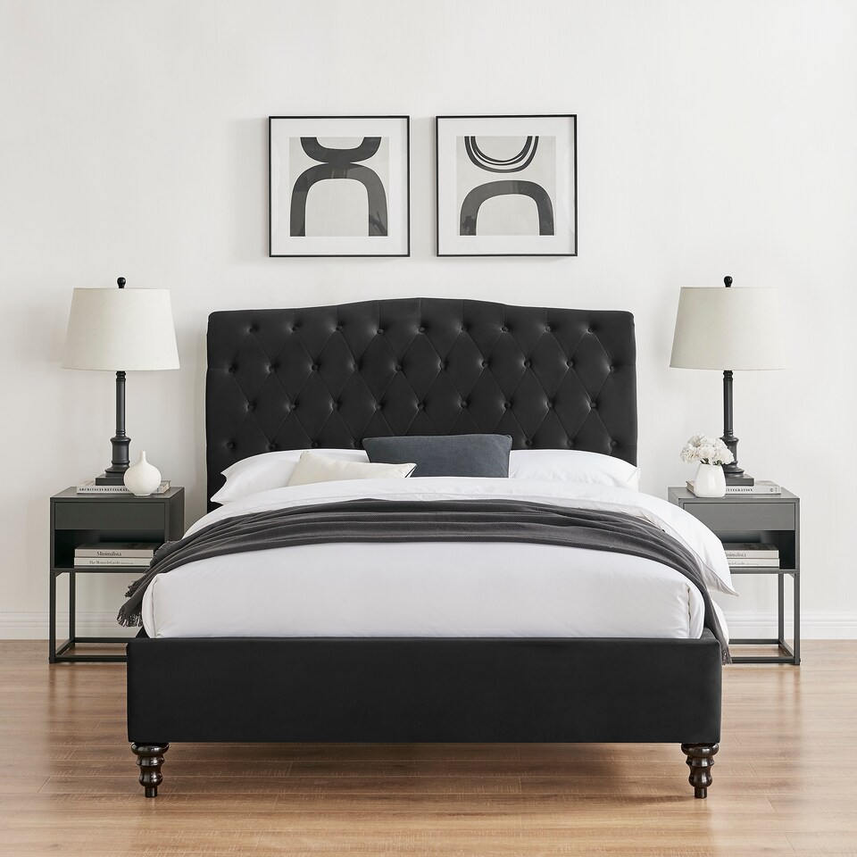image 1 of 5ft King Size Fabric upholstered, Black,buttoned back,curved bed frame,bedstead