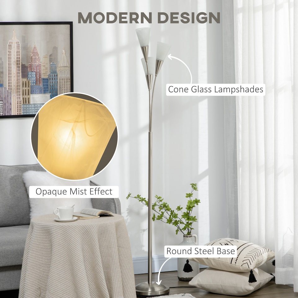 image 1 of HOMCOM Modern Upright Floor Lamp with 3 Light, Steel Base for Living Room