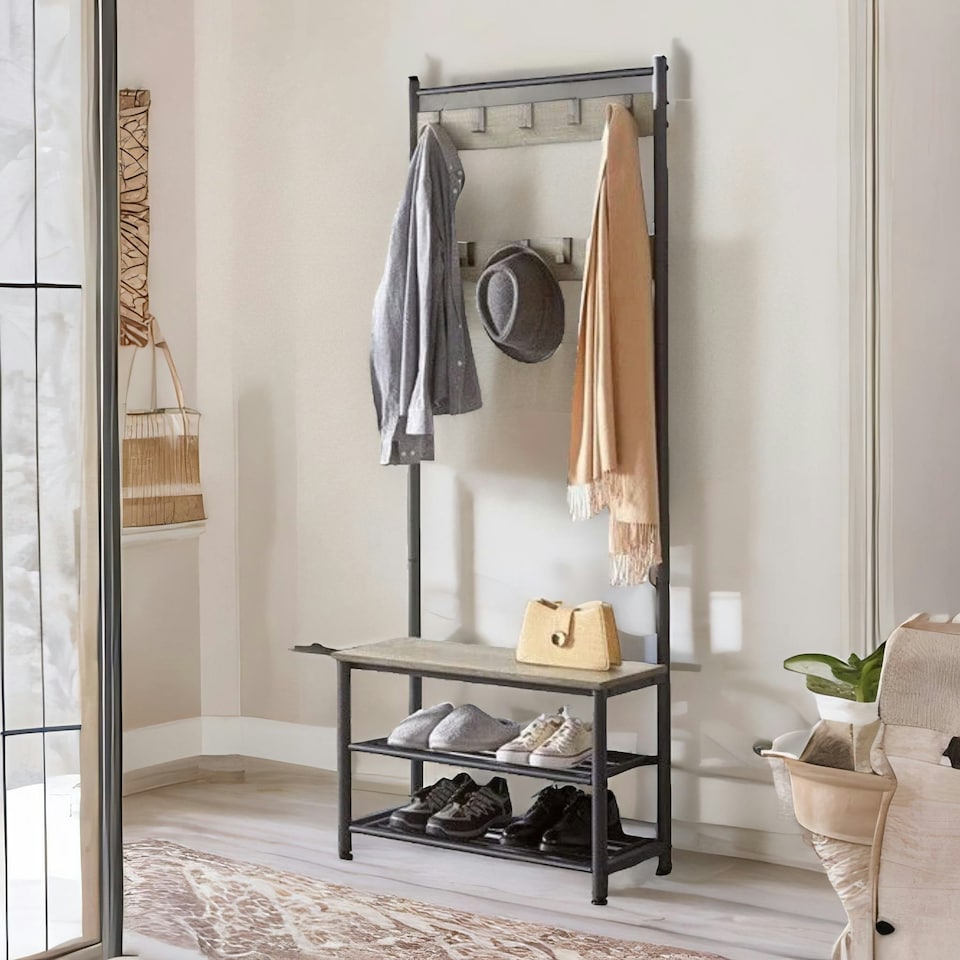 image 1 of Hall Tree Coat Stand With Shoe Storage and Hooks Brown One Size