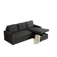 Sofabed 3 Seater Reversible Sectional Sofa Sleeper Set with Storage Chaise, Built-in Cupholder, Decorative Rivets, Pull-out Bed, and Dark Grey Fabric Grey