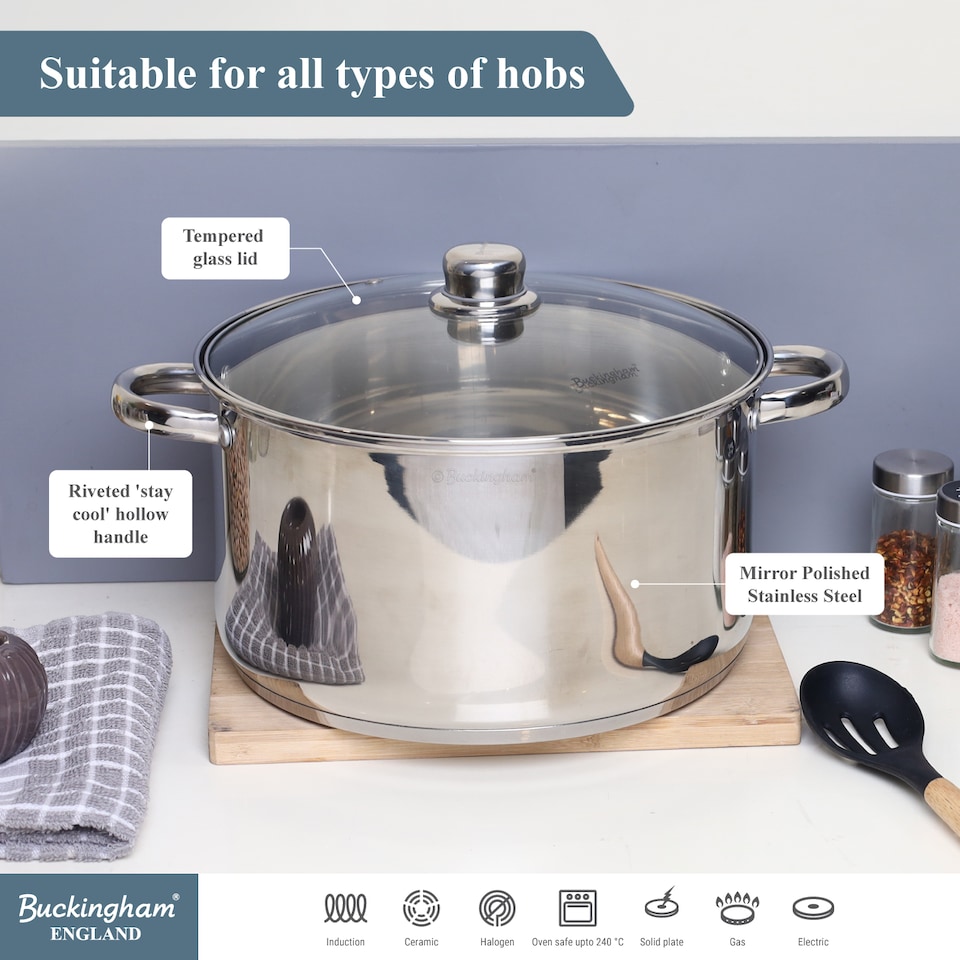 image 1 of Buckingham Stainless Steel Casserole Dish Premium Induction Compatible 28 cm , 9.5 Litres | Silver | 1